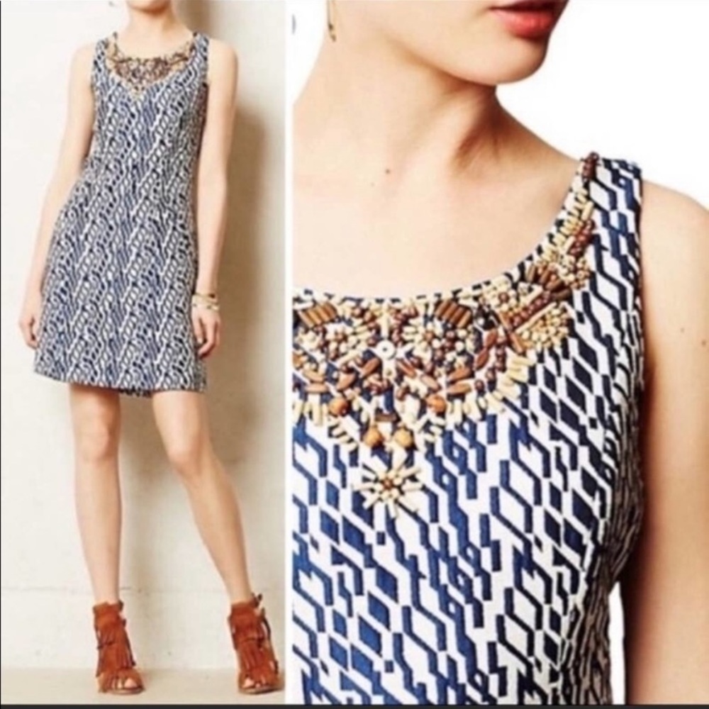 Anthropologie Moulinette Soeurs Beaded Shift Dress Blue Size 2